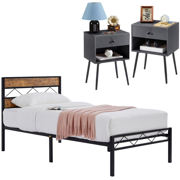 17 Stories Bedroom Set Bed Frame And Nightstand 3 Piece(Set Of 3